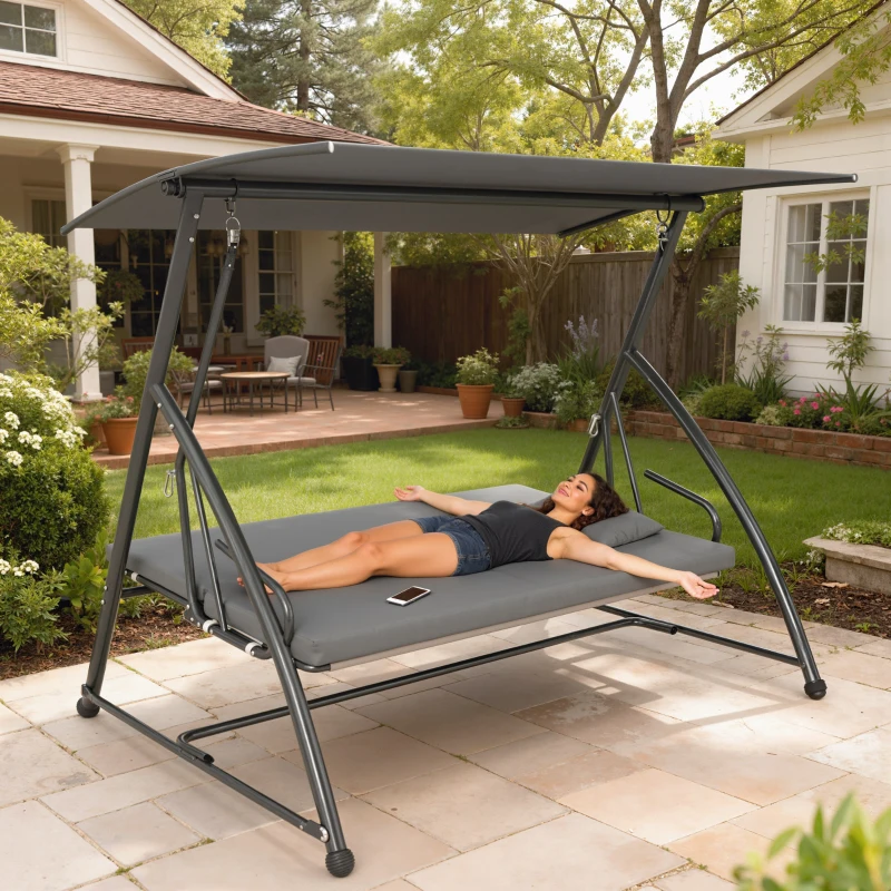 Outsunny Patio Swing Chair, 3 Person Convertible Hammock, Outdoor Swing Lounge Bed, Cushioned with Tilt Canopy, Dark Grey