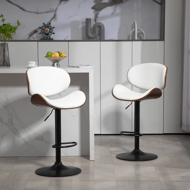 HOMCOM Bar Stools Set of 2, Modern PU Leather Adjustable Swivel Barstools with Curved Back, Footrest and Steel Base, White