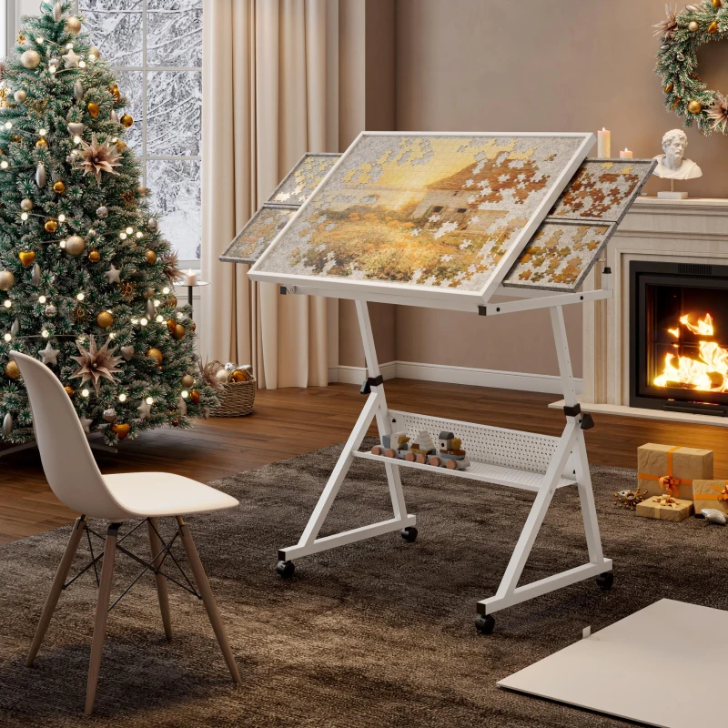 1500-Piece Jigsaw Puzzle Table with 4 Felt Sorting Trays, Wood Protective Cover, Desk with Storage Shelf, 35.5" L x 23.5" W x 29.5" H, White+gray