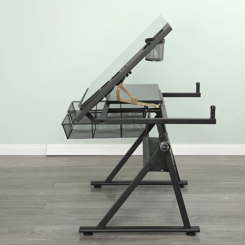 Adjustable Tempered Glass Drafting Table with 2 Large Metal Drawers and Stool, Desk with Side Storage Rails, 40" L x 23.5" W x 27.5" H, Black