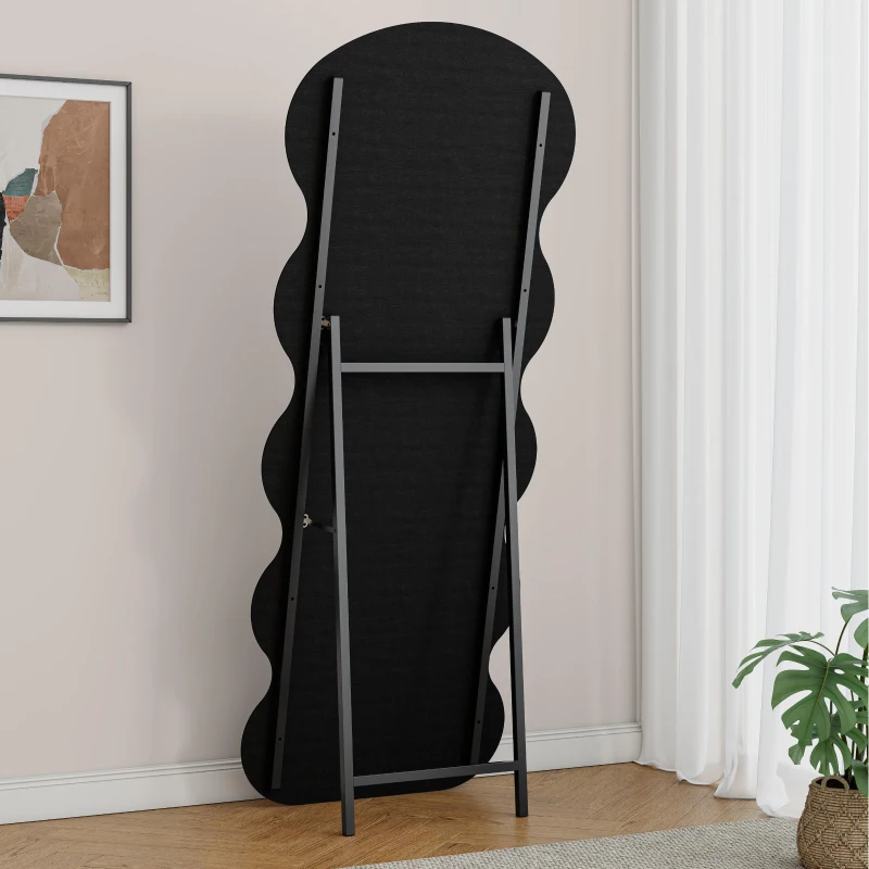 Flannel-Covered Wavy Full-Length Floor Mirror with True-Reflection Glass, Metal Glass with Shatter-Resistant Backing, 63" L x 24" W x 2.5" H, Black