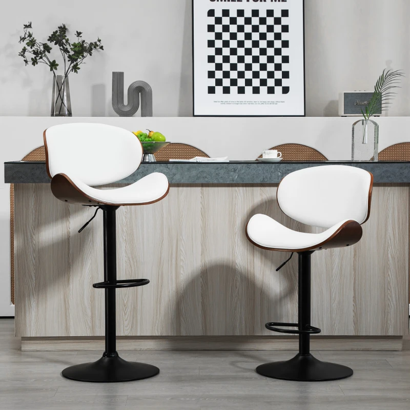 HOMCOM Bar Stools Set of 2, Modern PU Leather Adjustable Swivel Barstools with Curved Back, Footrest and Steel Base, White