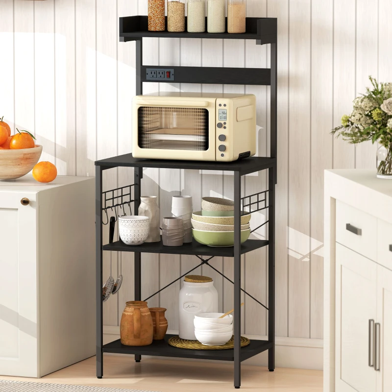 HOMCOM Kitchen Baker's Rack with Power Outlet, Coffee Bar Station with Adjustable Shelves and Hooks, Distressed Black
