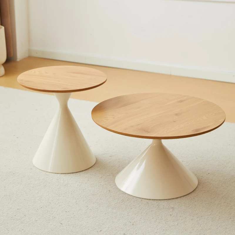 2-Piece Round Nesting Coffee Table Set with Curved Inset Edges, Tea Table Set with MDF Tops, 27.5" L x 27.5" W x 16" H, Brown+White