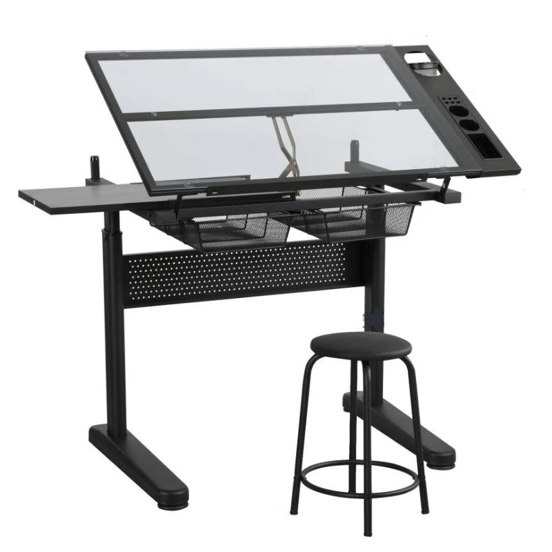 Hand-Crank Adjustable Drafting Table with 2 Drawers, Pull-Out MDF Side Shelf, Tempered Glass Top Desk for Kids, 38" L x 23.5" W x 29.5" H, Black