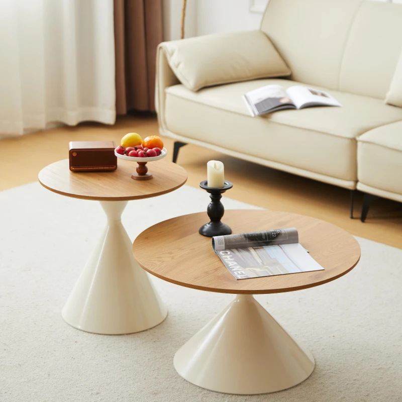 2-Piece Round Nesting Coffee Table Set with Curved Inset Edges, Tea Table Set with MDF Tops, 27.5" L x 27.5" W x 16" H, Brown+White