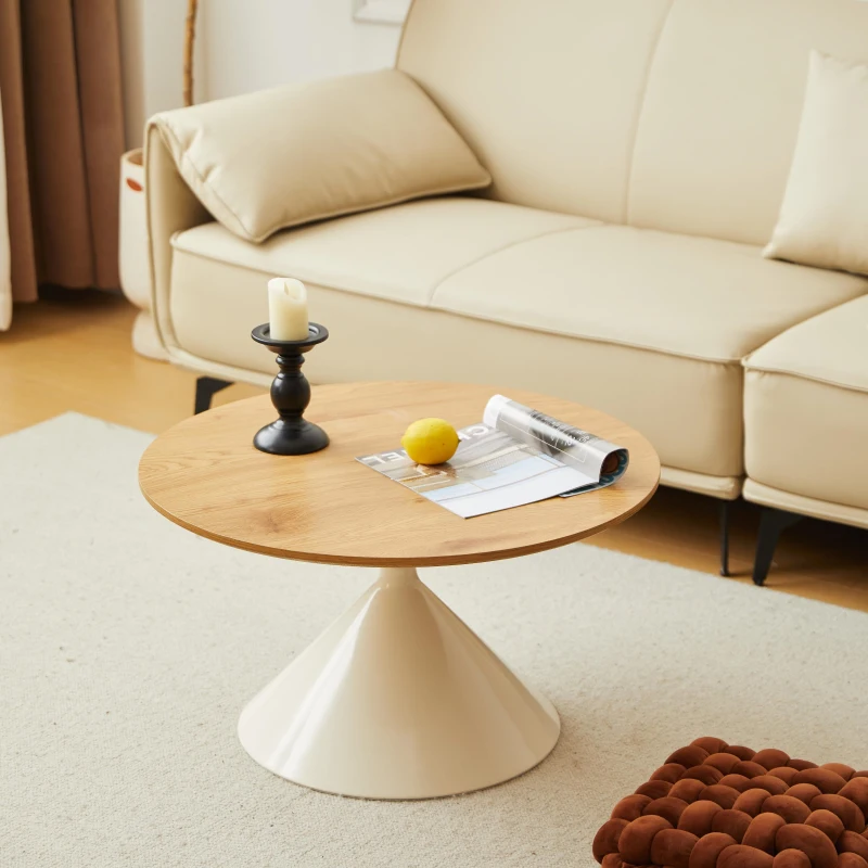 2-Piece Round Nesting Coffee Table Set with Curved Inset Edges, Tea Table Set with MDF Tops, 27.5" L x 27.5" W x 16" H, Brown+White