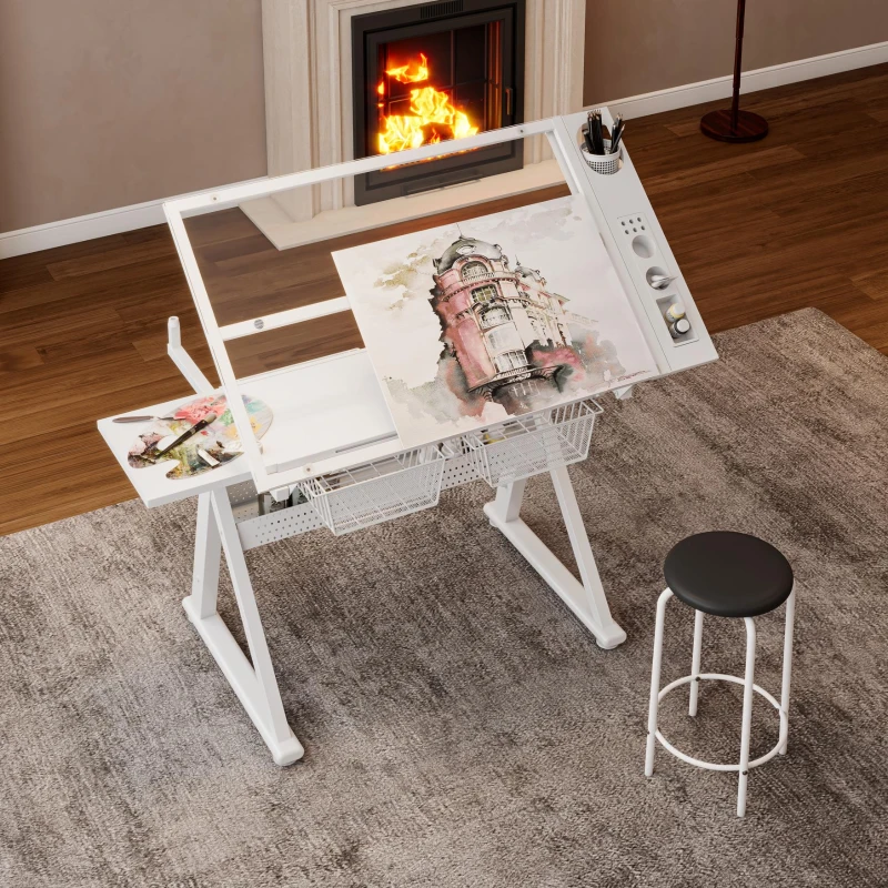 Hand-Crank Adjustable Drafting Table with 2 Large Metal Drawers, Drawing Desk with Tempered Glass Top, 40" L x 23.5" W x 29.5" H, White