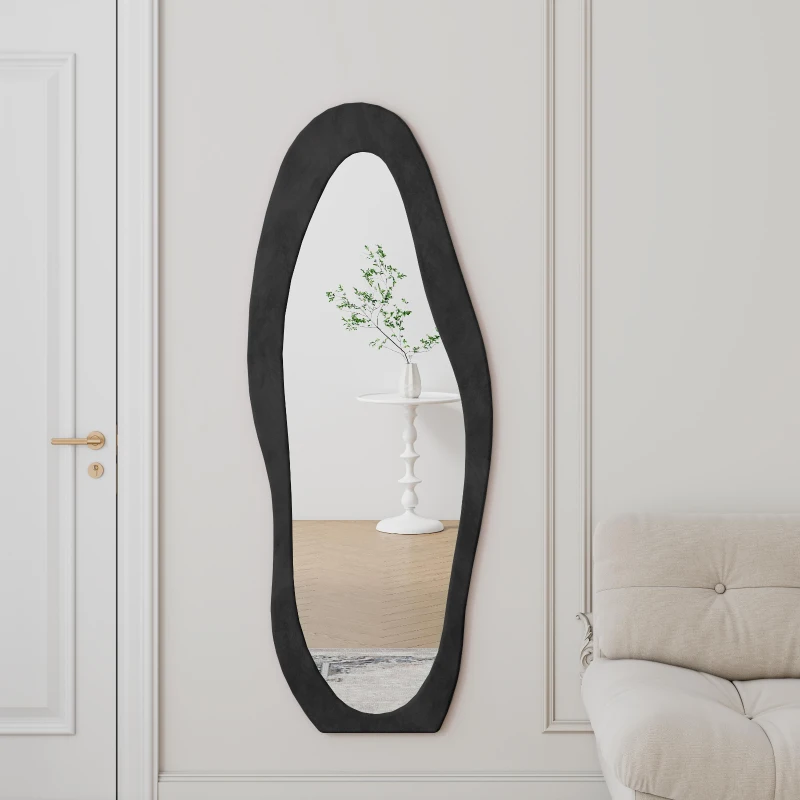Full-Length Mirror with Flannel-Wrapped Wooden Frame, Irregular Wavy Design, Tempered Glass for Living Room, 63" L x 24" W x 2.5" H, Black
