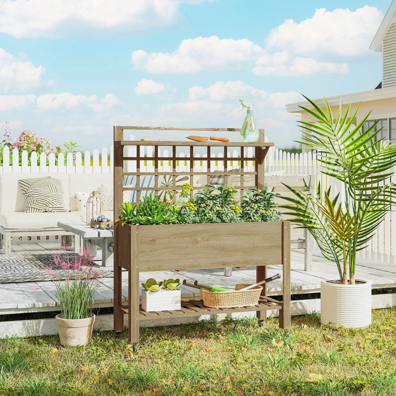 Outsunny 41" Raised Garden Bed Mobile Elevated Wooden Planter Box Stand with Wheels, Trellis and Storage Shelf, Dark Brown