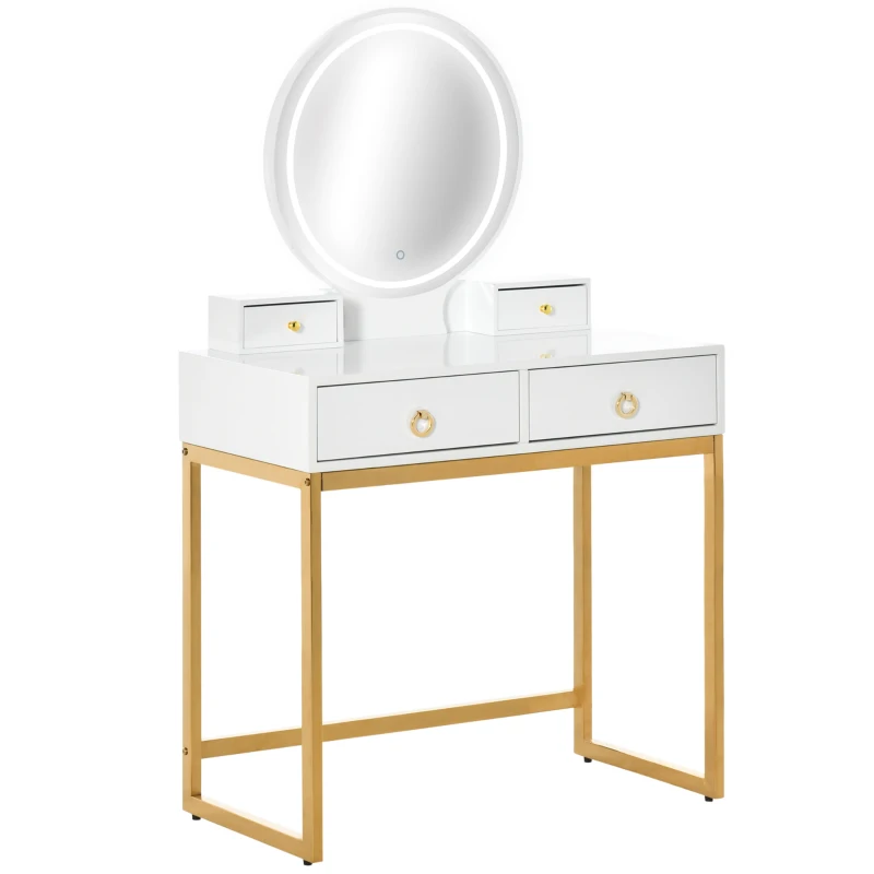 HOMCOM Makeup Vanity Table Set with 3-Color Touch Screen Dimmable Lighted Mirror, Dressing Desk with 4 Drawers and Cushioned Stool for Bedroom, White