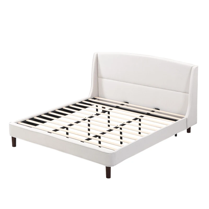 King Size Upholstered Platform Bed with Wingback Headboard, Double Bed with Solid Rubberwood Legs, 87'' L x 79.5'' W x 44.5'' H, White