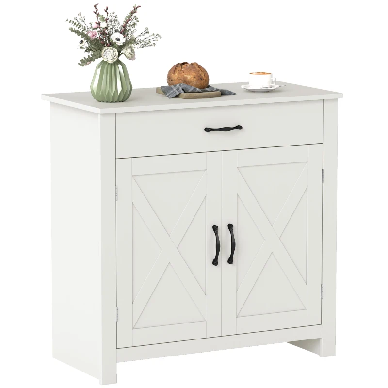HOMCOM Farmhouse Sideboard Buffet Cabinet, Barn Door Coffee Bar Cabinet with Drawer and Adjustable Shelf for Kitchen, Living Room, Entryway, White Wash