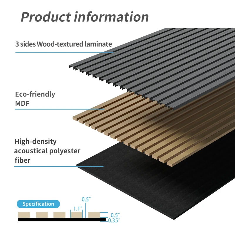 2-Pack 3D Wood Slat Acoustic Wall Panels with Three-Side Wrapped Edges, Fluted Cladding for Wall or Ceiling, 45.5" L x 23.5" W x 1" H, Gray