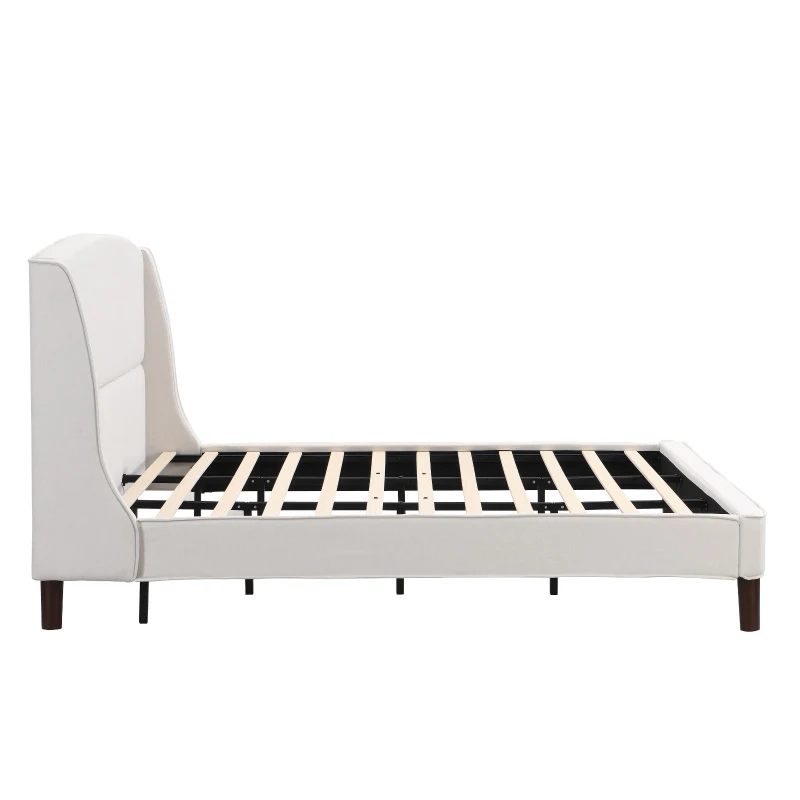 King Size Upholstered Platform Bed with Wingback Headboard, Double Bed with Solid Rubberwood Legs, 87'' L x 79.5'' W x 44.5'' H, White