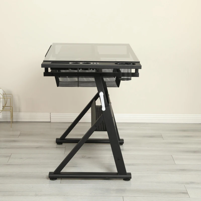 Hand-Crank Adjustable Drafting Table with 2 Large Metal Drawers, Drawing Desk with Tempered Glass Top, 40" L x 23.5" W x 29.5" H, Black