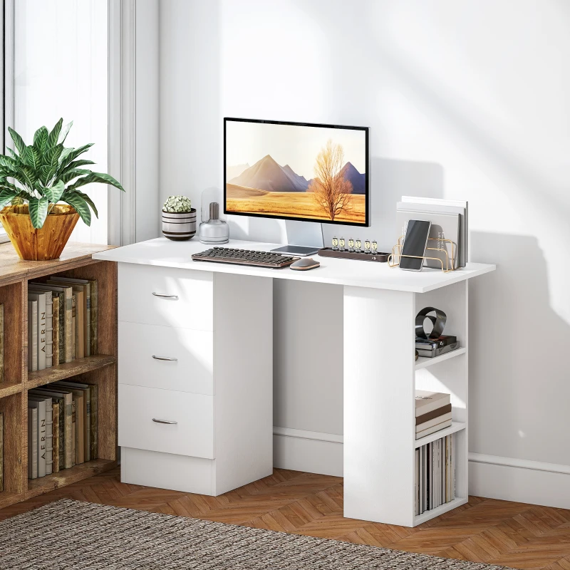 HOMCOM Computer Desk, 47" Writing Table with 3-Tier Shelves and 3 Reversible Drawers for Home Office, Bedroom, White