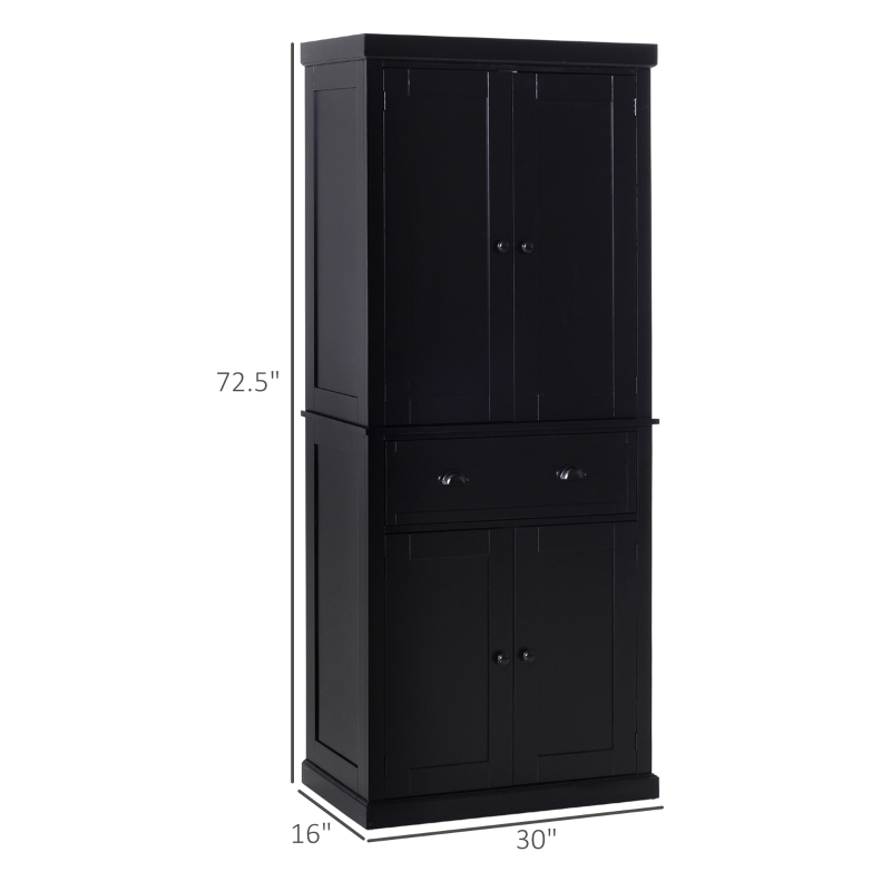 HOMCOM 72.5" Kitchen Pantry Cabinet, Traditional Freestanding Storage Cabinet with 4 Doors, Drawer and 3 Adjustable Shelves for Dining Room, Black