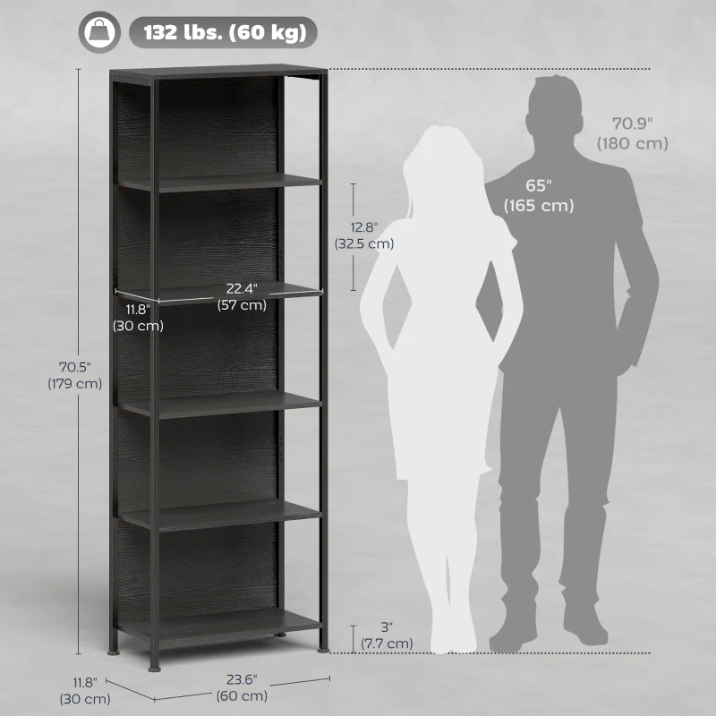 HOMCOM 5-Tier Bookshelf, Freestanding Bookcase with LED Lights and Metal Frame for Living Room, Bedroom, Home Office, Black