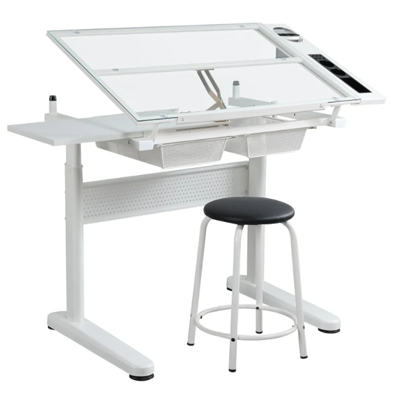 Hand-Crank Adjustable Drafting Table with 2 Drawers, Pull-Out MDF Side Shelf, Tempered Glass Top Desk for Kids, 38" L x 23.5" W x 29.5" H, White