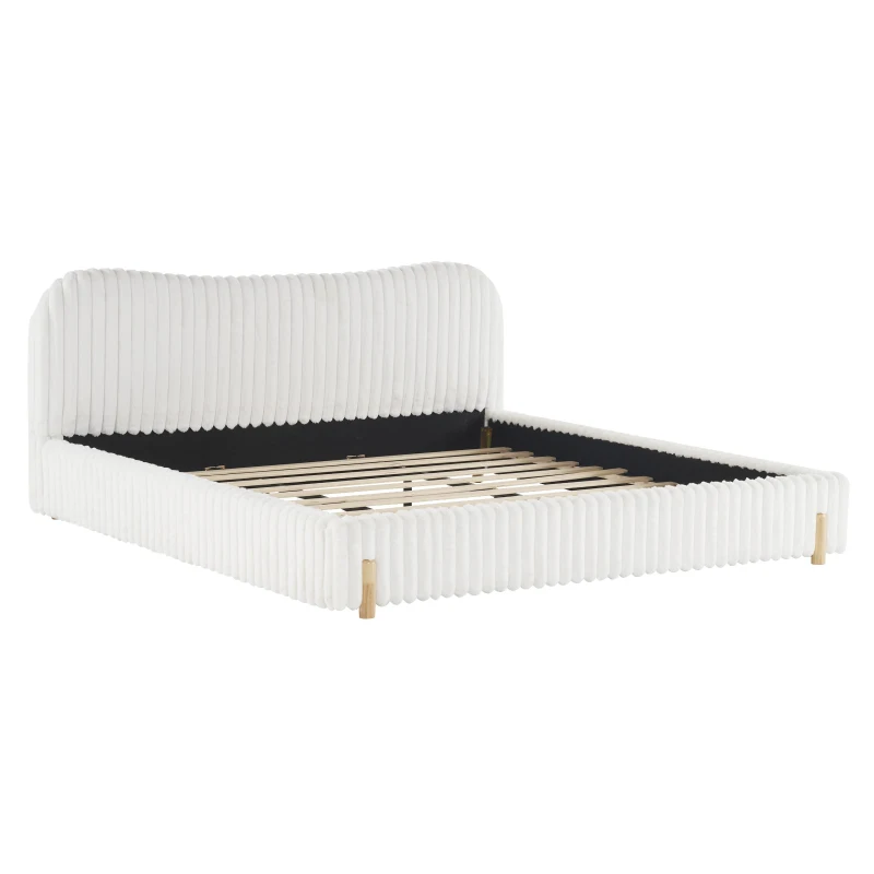 Modern Minimalist Upholstered Bed with Padded Headboard, Upholstered Platform Bed with Rubberwood Legs, 86'' L x 81.5'' W x 34.5'' H, White