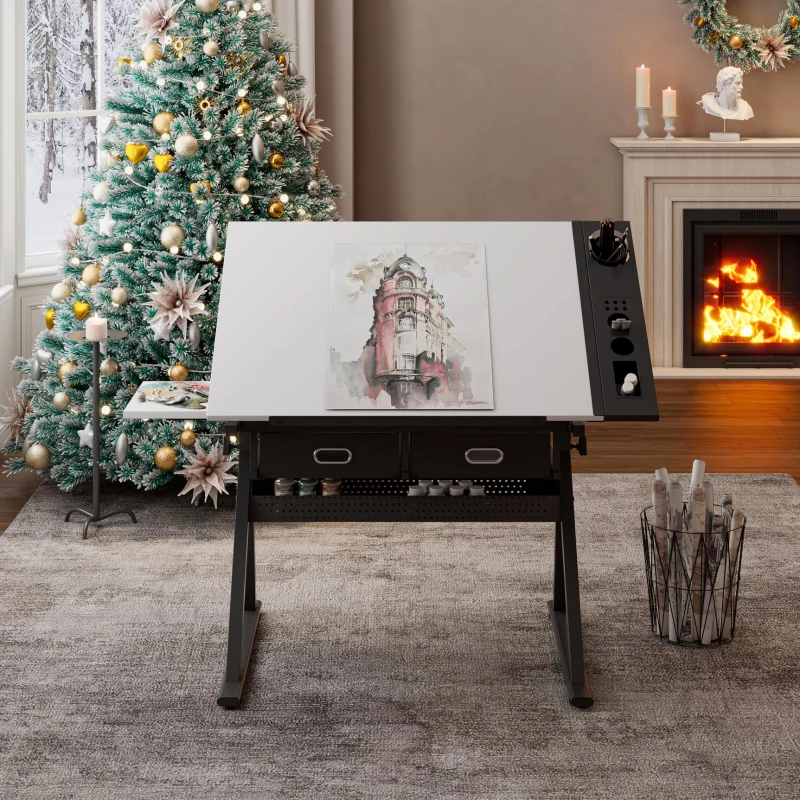 Adjustable Drafting Table Desk with Tilt Top, 2 Large Fabric Drawers, Drawing Desk with Side Pen Storage, 38.5" L x 23.5" W x 27" - 36" H, White