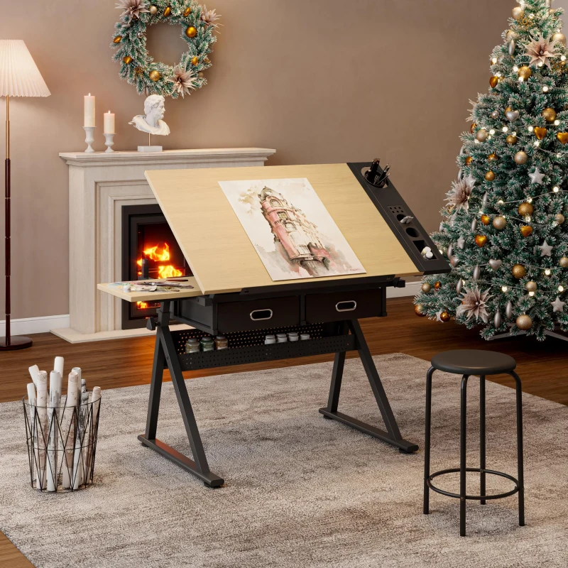 Adjustable Drafting Table Desk with Tilt Top, 2 Large Fabric Drawers, Drawing Desk with Side Pen Storage, 38.5" L x 23.5" W x 27" - 36" H, Maple