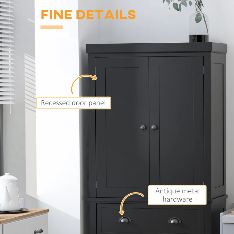 HOMCOM 72.5" Kitchen Pantry Cabinet, Traditional Freestanding Storage Cabinet with 4 Doors, Drawer and 3 Adjustable Shelves for Dining Room, Black