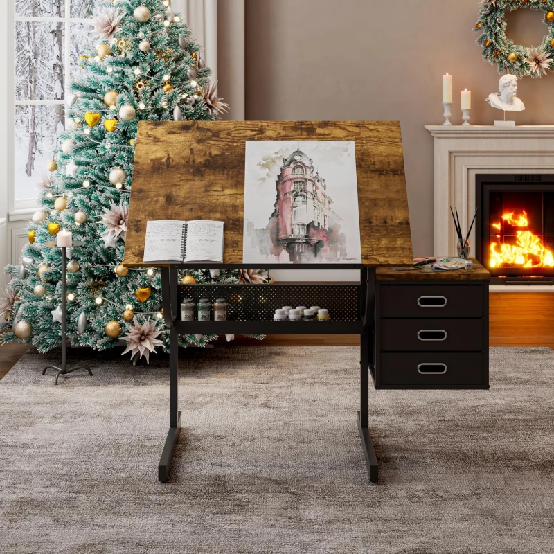 Adjustable Drafting Table with 3 Drawers, Owder-Coated Steel Frame, Drawing Desk for Sketching and Crafting, 46" L x 23.5" W x 29.5" H, Black