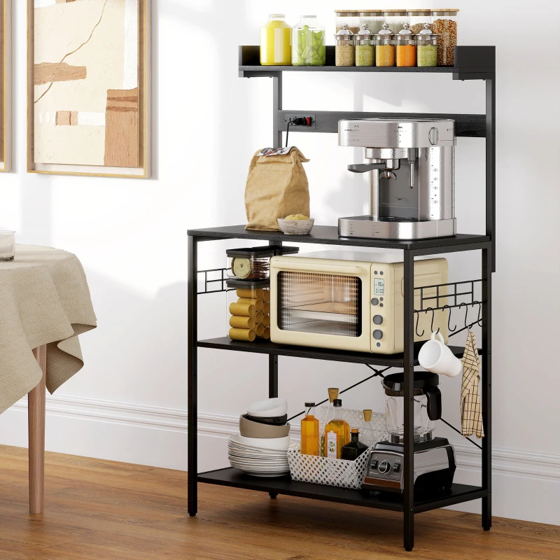 HOMCOM Kitchen Baker's Rack with Power Outlet, Coffee Bar Station with Adjustable Shelves and Hooks, Distressed Black