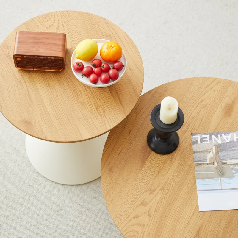 2-Piece Round Nesting Coffee Table Set with Curved Inset Edges, Tea Table Set with MDF Tops, 27.5" L x 27.5" W x 16" H, Brown+White