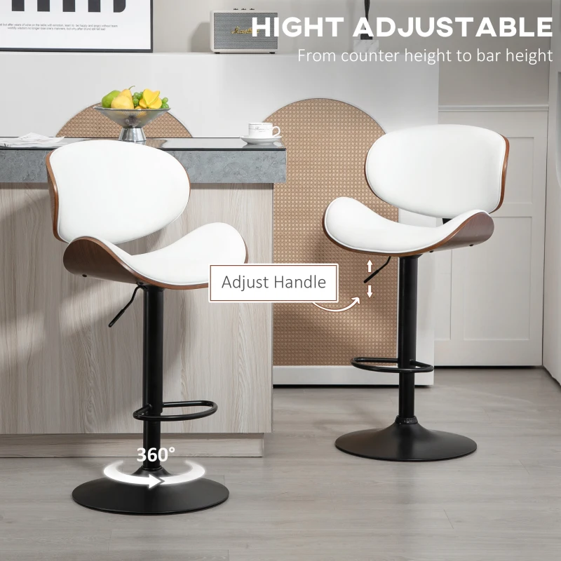 HOMCOM Bar Stools Set of 2, Modern PU Leather Adjustable Swivel Barstools with Curved Back, Footrest and Steel Base, White