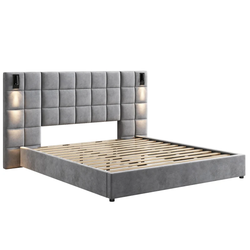 Queen Platform Bed Frame with Built-in Reading Lamps and USB Port, Platform Bed with High Headboard, 84.5'' L x 92'' W x 45.5'' H, Gray