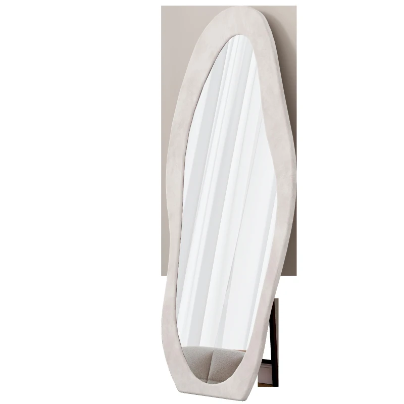 Full-Length Mirror with Flannel-Wrapped Wooden Frame, Irregular Wavy Design, Tempered Glass for Living Room, 63" L x 24" W x 2.5" H, White