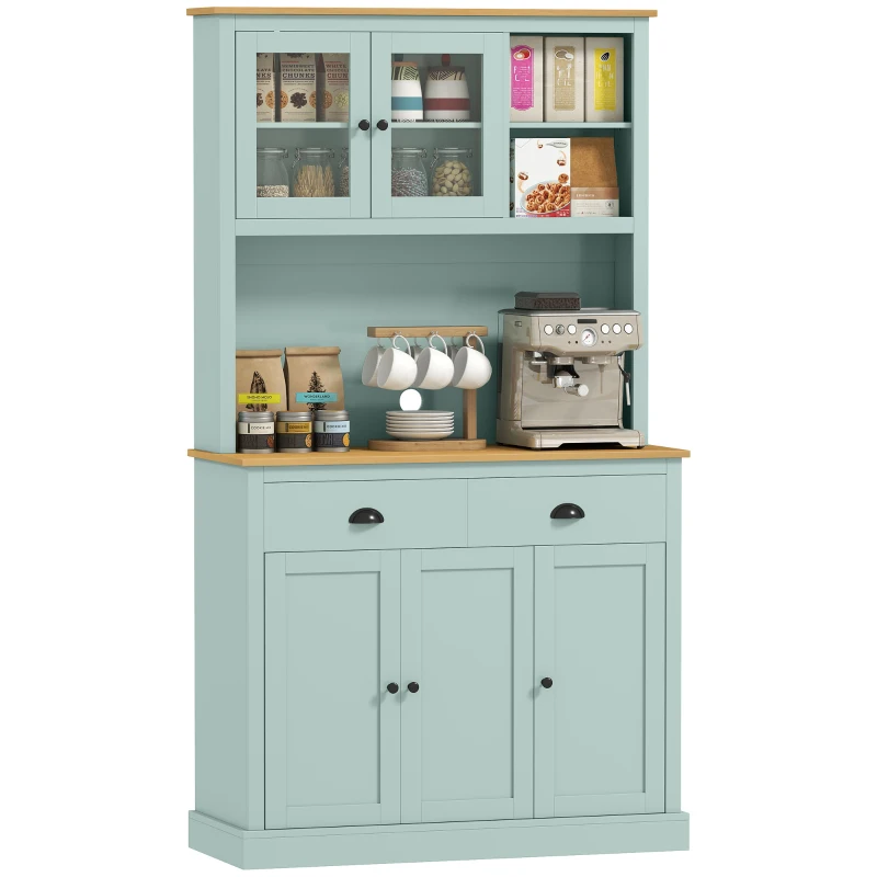 HOMCOM Kitchen Pantry Storage Cabinet with Microwave Stand, 71" Modern Kitchen Hutch with Open Countertop, Glass Doors, Storage Drawers and Adjustable Shelves for Dining Room, Coffee Bar, Light Blue