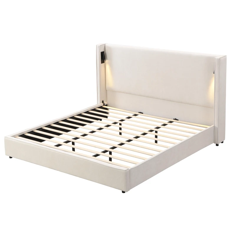 King Bed Frame with Adjustable Reading Lamp and USB Charging Port, Platform Bed with Wingback Headboard, 86'' L x 83.5'' W x 49'' H, Beige