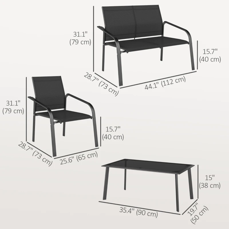 Outsunny 4 Piece Patio Furniture Set, Outdoor Conversation Set with Deep Seat, Loveseats, Armchairs, Glass-Top Table, Black