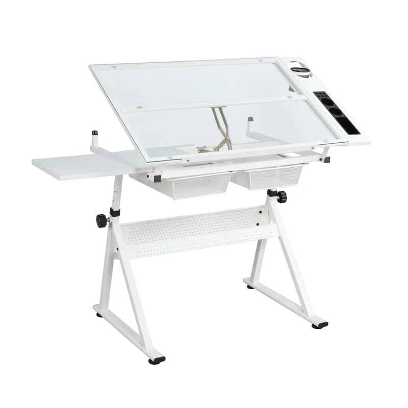 Adjustable Tempered Glass Drafting Table with 2 Metal Drawers, Chair, Powder-Coated Steel Frame Desk for Kids, 40" L x 23.5" W x 27.5" H, White