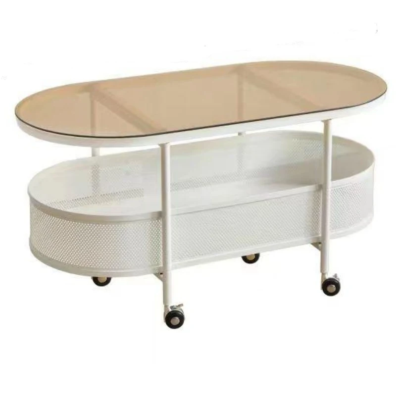 Oval Rolling Metal Coffee Table with 4 Swivel Casters, Tempered Glass Top, Storage Bin with Bottom Perforated, 35.5" L x 18" W x 18" H, White