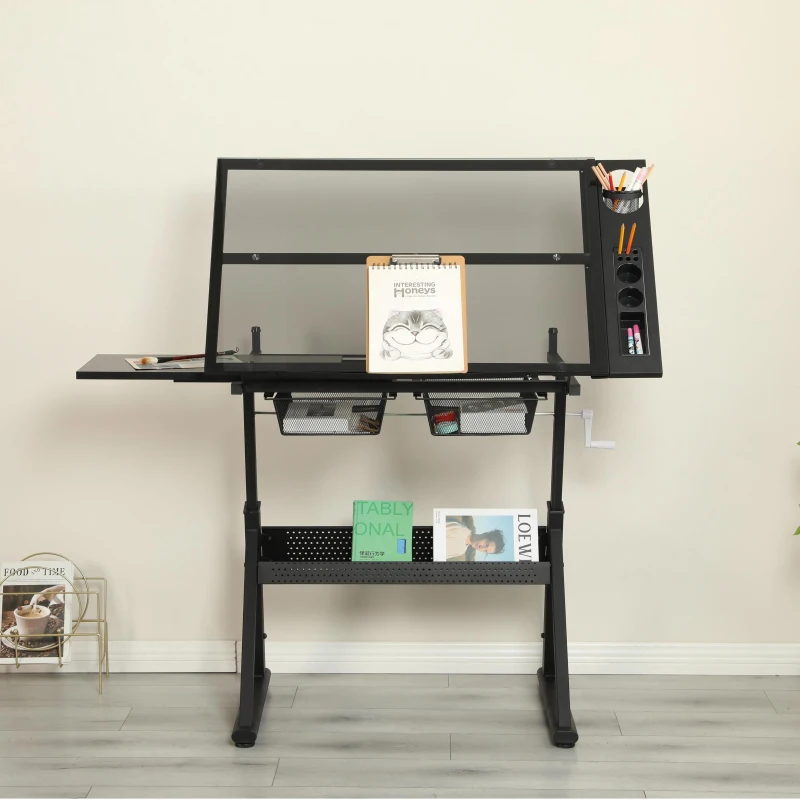 Hand-Crank Adjustable Drafting Table with 2 Large Metal Drawers, Drawing Desk with Tempered Glass Top, 40" L x 23.5" W x 29.5" H, Black