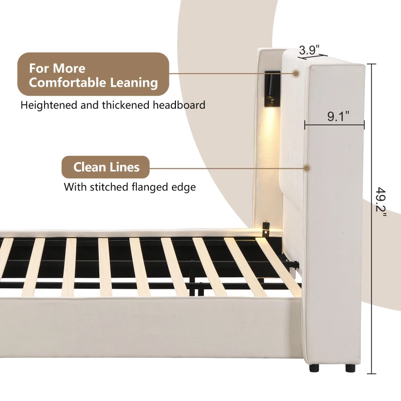 King Bed Frame with Adjustable Reading Lamp and USB Charging Port, Platform Bed with Wingback Headboard, 86'' L x 83.5'' W x 49'' H, Beige
