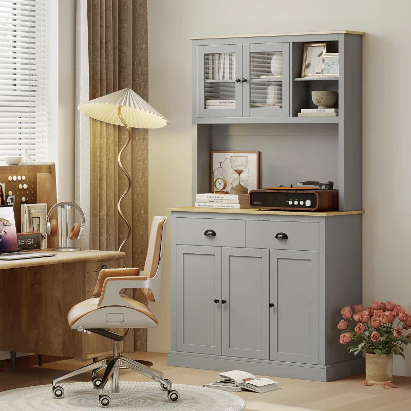 HOMCOM Freestanding Kitchen Cabinet, 71" Tall Pantry Cabinet, Modern Hutch with Wide Countertop, Adjustable Shelves, Gray