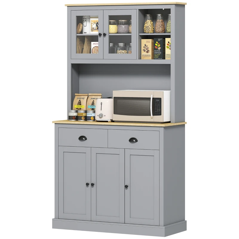 HOMCOM Freestanding Kitchen Cabinet, 71" Tall Pantry Cabinet, Modern Hutch with Wide Countertop, Adjustable Shelves, Gray