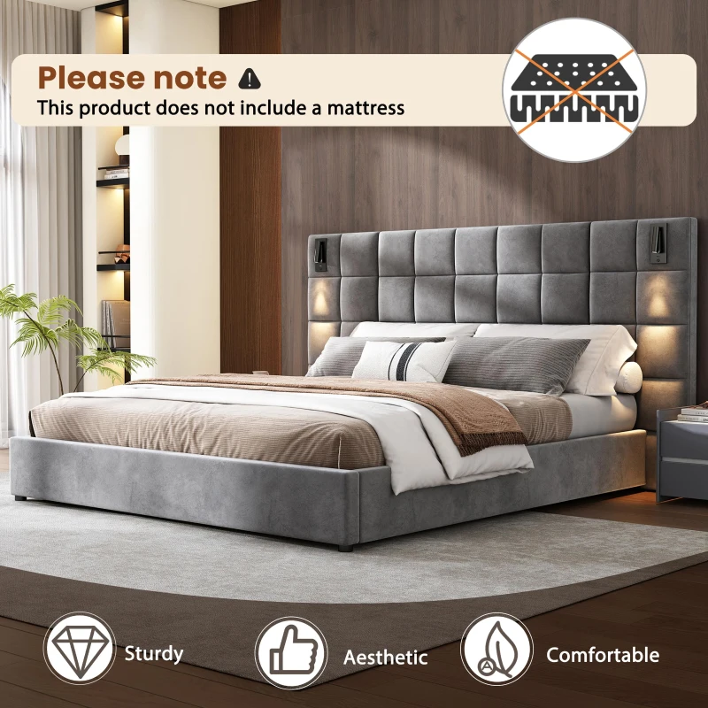 Queen Platform Bed Frame with Built-in Reading Lamps and USB Port, Platform Bed with High Headboard, 84.5'' L x 92'' W x 45.5'' H, Gray