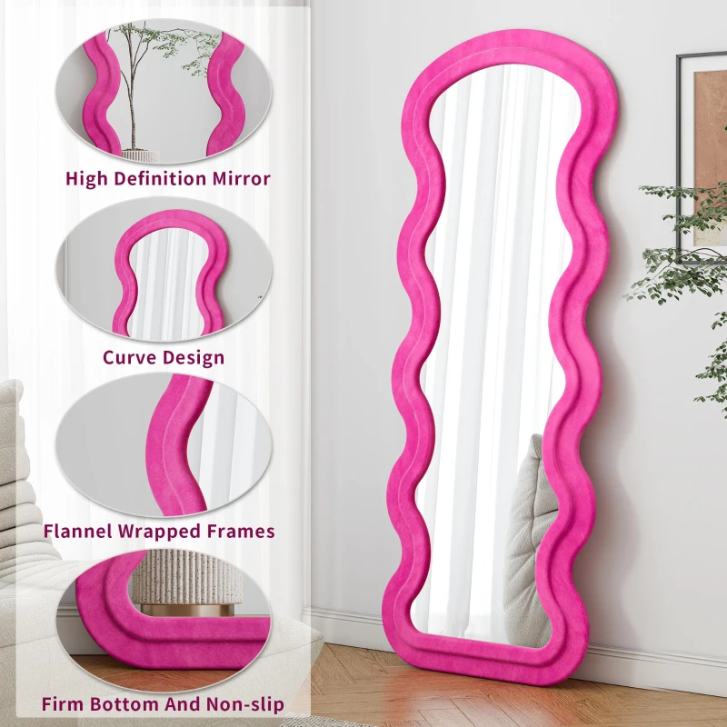 Flannel-Covered Wavy Full-Length Floor Mirror with True-Reflection Glass, Metal Glass with Shatter-Resistant Backing, 63" L x 24" W x 2.5" H, Rose