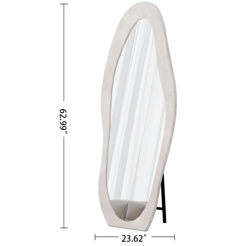 Full-Length Mirror with Flannel-Wrapped Wooden Frame, Irregular Wavy Design, Tempered Glass for Living Room, 63" L x 24" W x 2.5" H, White