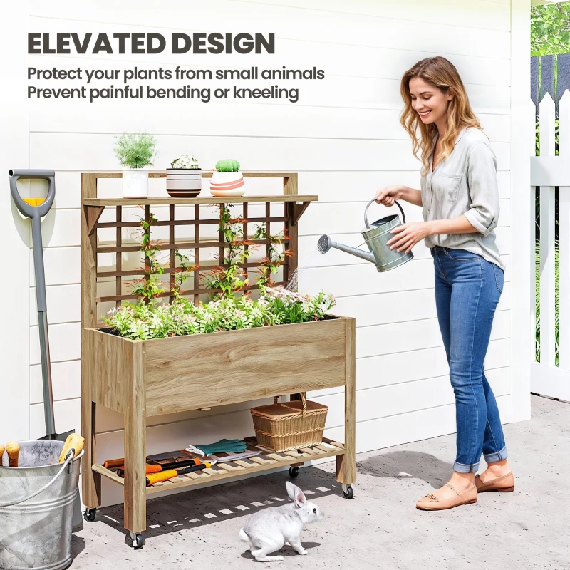 Outsunny 41" Raised Garden Bed Mobile Elevated Wooden Planter Box Stand with Wheels, Trellis and Storage Shelf, Dark Brown