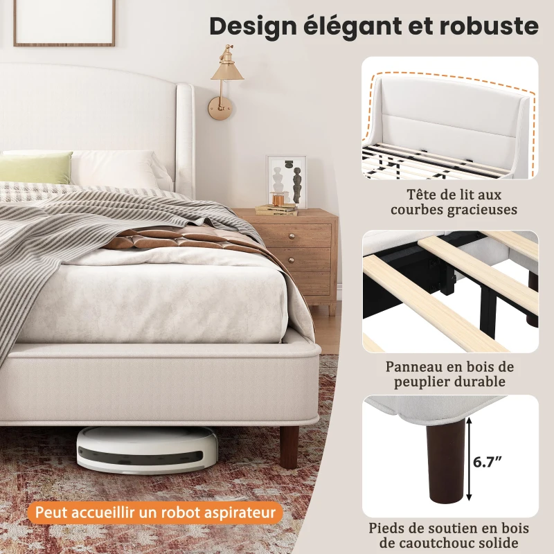 King Size Upholstered Platform Bed with Wingback Headboard, Double Bed with Solid Rubberwood Legs, 87'' L x 79.5'' W x 44.5'' H, White