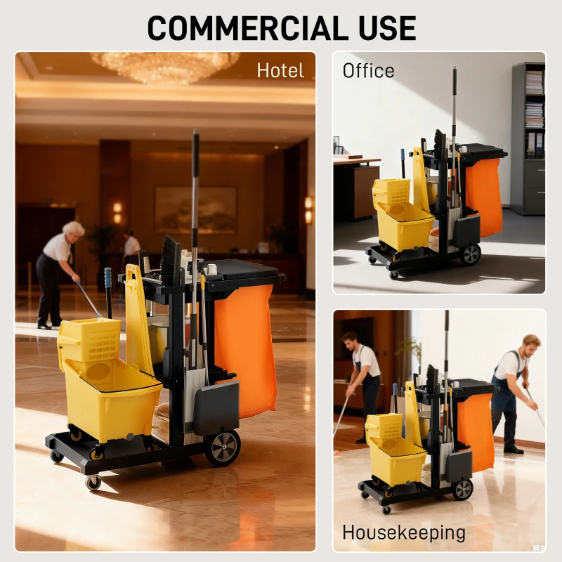 HOMCOM Commercial Janitorial Cart with 3 Tier Shelves, Cleaning Cart with Rubbish Bag and Mop Mount for Hotel Restaurant, Black