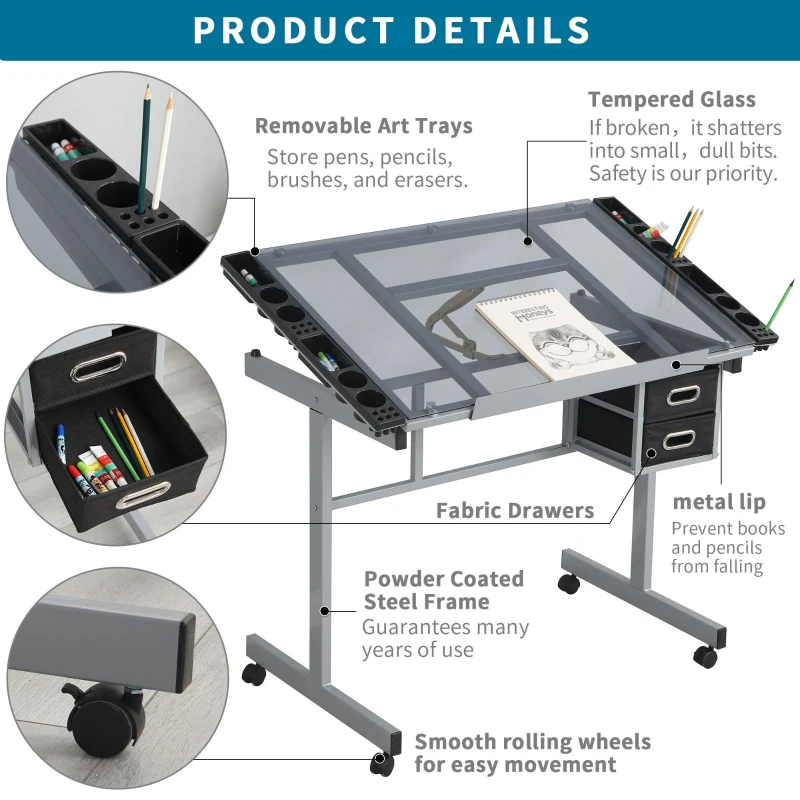Adjustable Drafting Table Desk with 2 Fabric Drawers, 4 Locking Casters, Drawing Desk with Pencil Ledges, 40.5" L x 23.5" W x 31" H, Silver grey